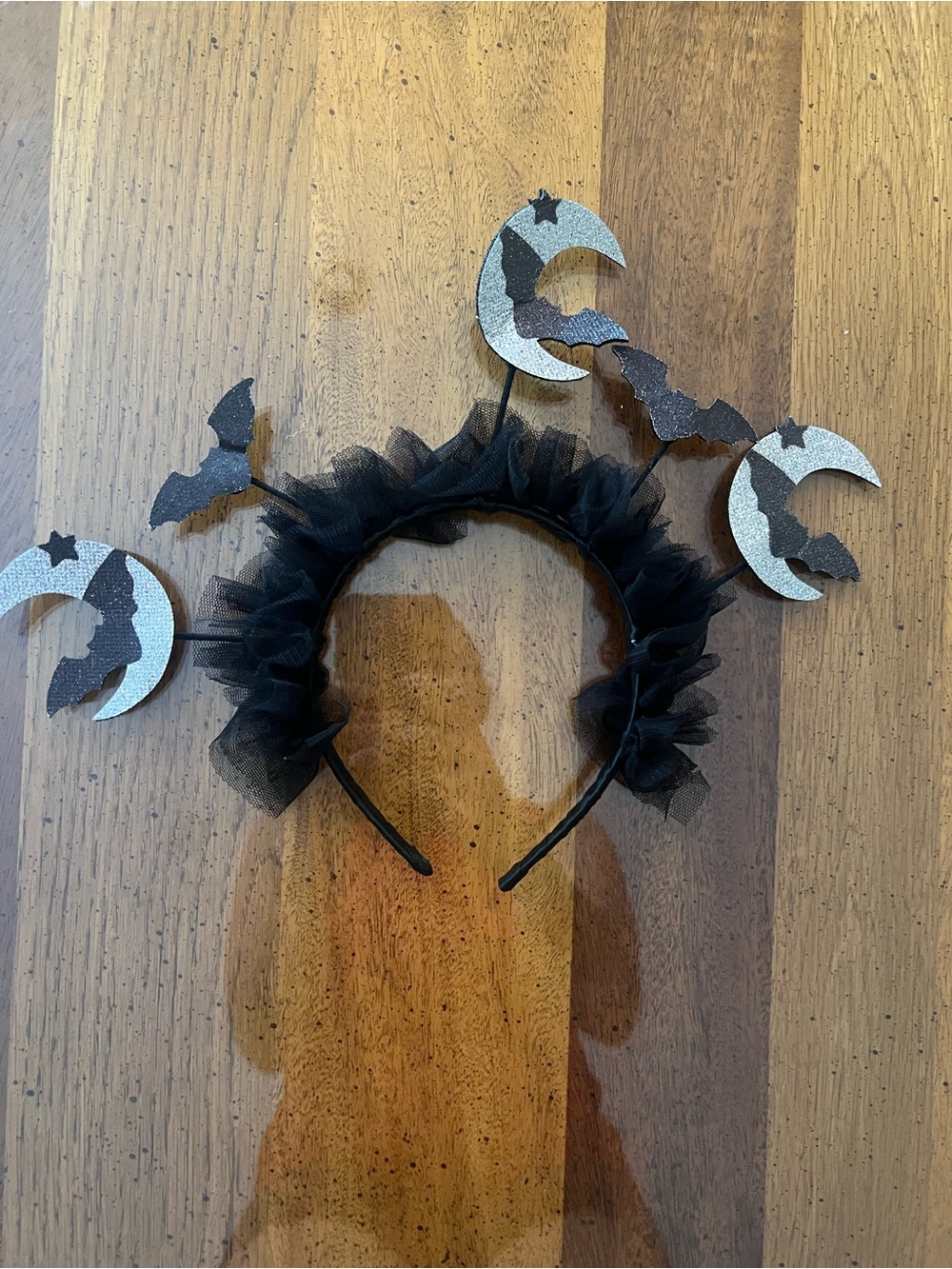 Adult Black Tulle Headband with Silver Moon & Bat Accents